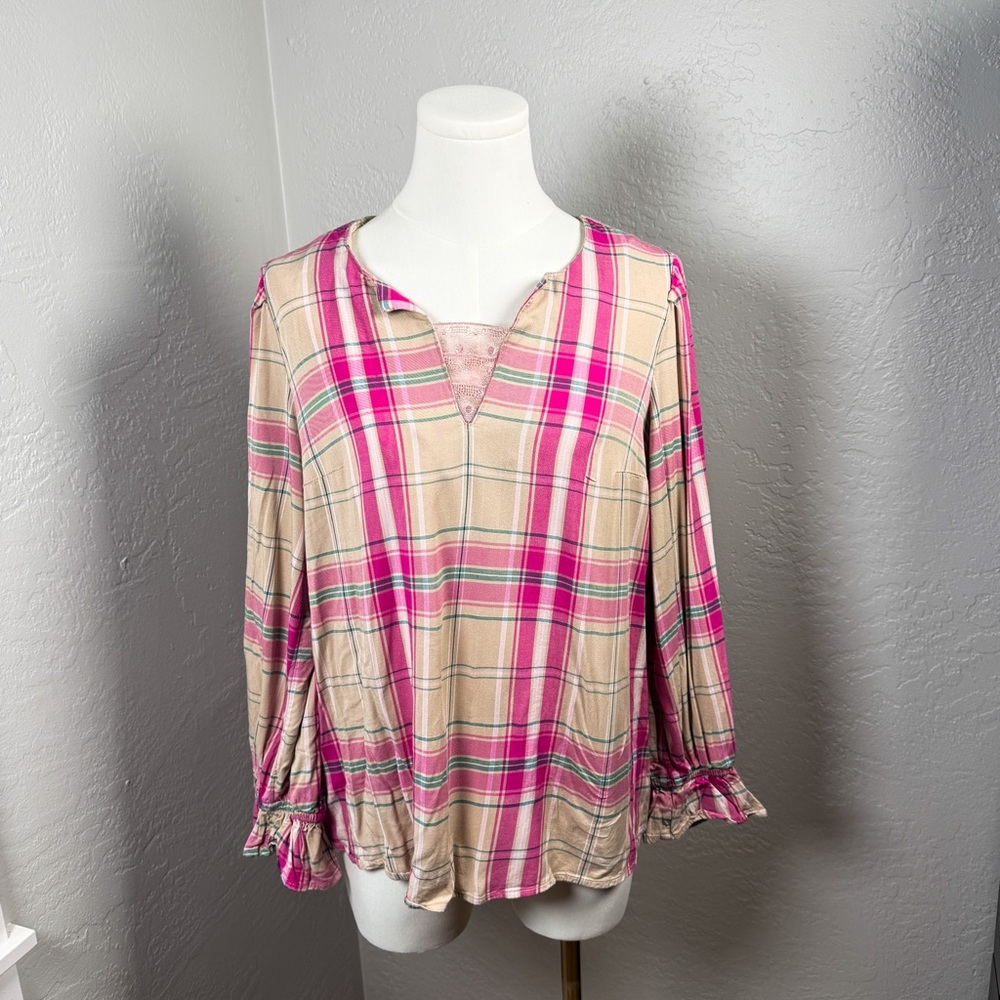 Crown & Ivy Pink Plaid Peasant Blouse Lace Inset Ruffle Sleeve Preppy Top M